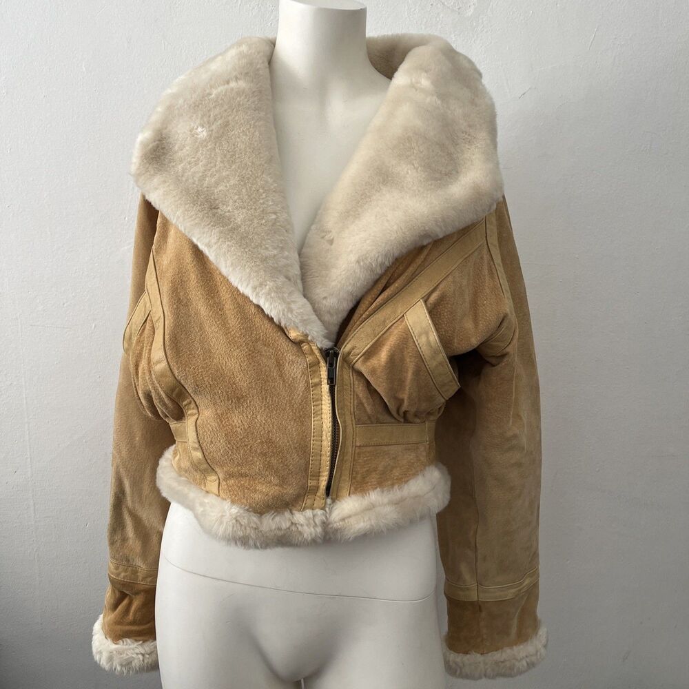 Vtg Wilsons Shearling Cropped Bomber Jacket XS Western Festival Rave Equestrian